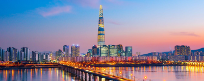 Skyline von Seoul mit dem Lotte World Tower, Südkorea Reisen